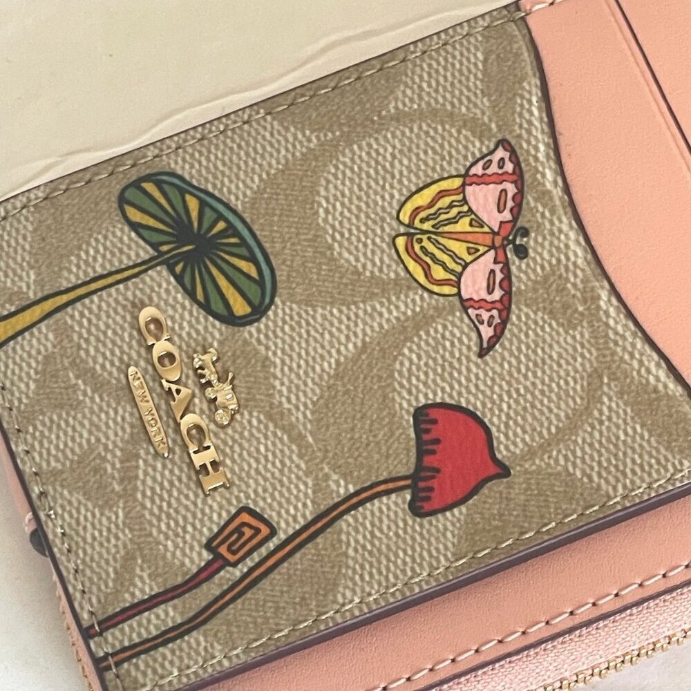 Coach Observed By Us Zip Card Case Khaki Signature Canvas Pink - Picture 5 of 8